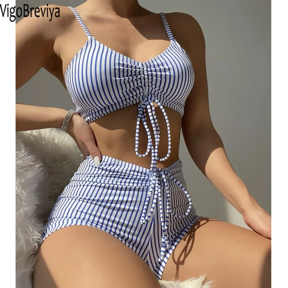 VigoBreviya 2025 полосатый купальник на бретелях женский сексуальный комплект бикини с высокой талией пуш-ап купальник с открытой спиной летний пляжный купальный костюм