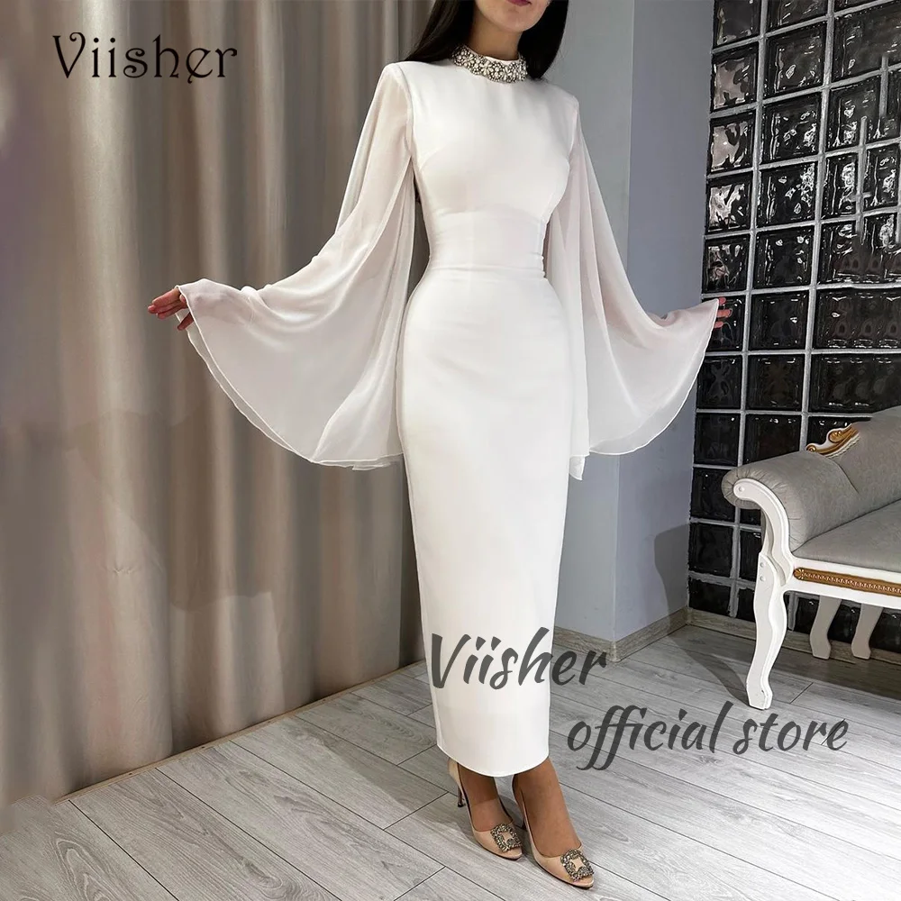 

Viisher White Mermaid Wedding Guest Dresses Flare Long Sleeve Pearls Beads High Neck Dubai Evening Dress Women Formal Gowns