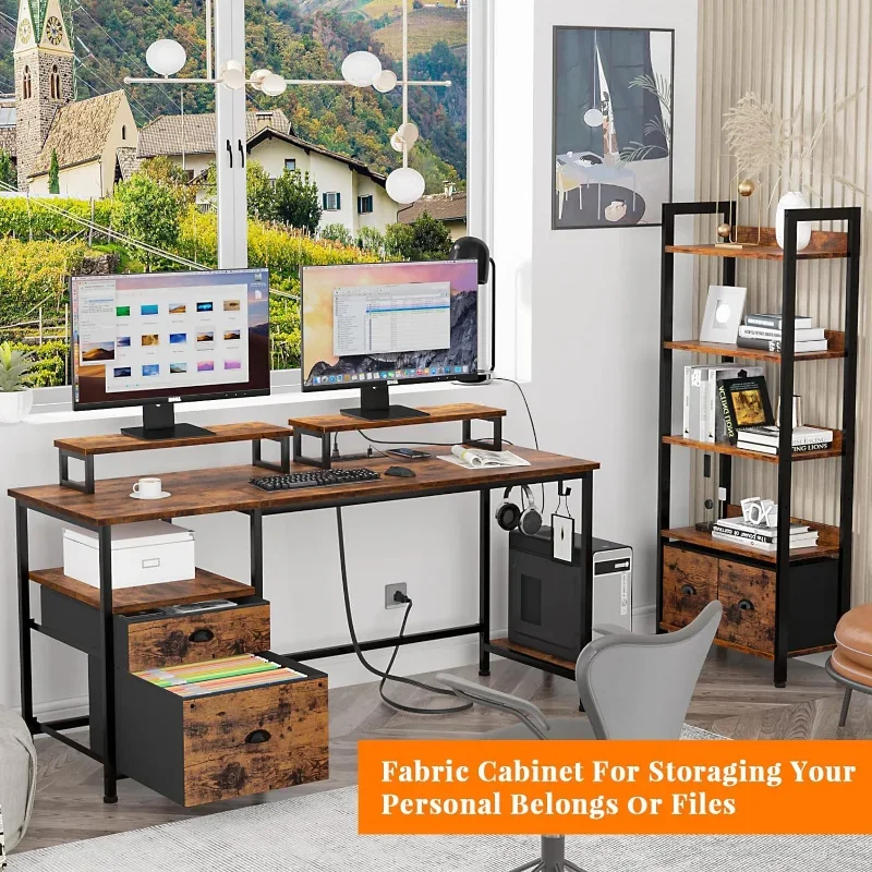 Furologee Desk with Drawer and Power Outlets, 55" Large Compter Desk with Fabric File Cabinet and 2 Movable Monitor Shelf