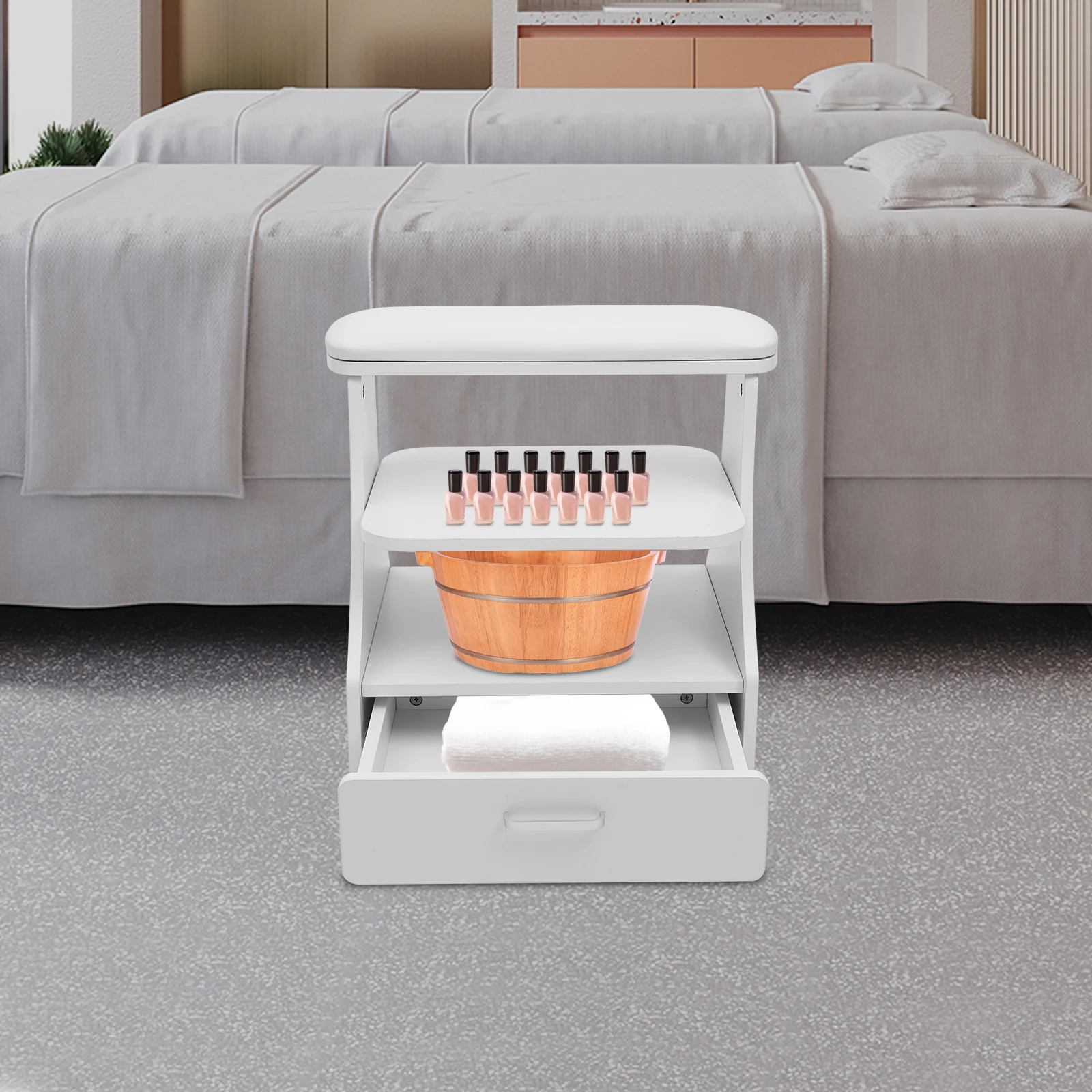 รถเข็นทำเล็บมือและเล็บเท้า 3 ชั้น ทำจากไม้เอ็มดีเอฟ สีขาว พร้อมเก้าอี้ทำเล็บมีล้อเบรก สำหรับใช้ในสปาและคลินิกเสริมความงาม