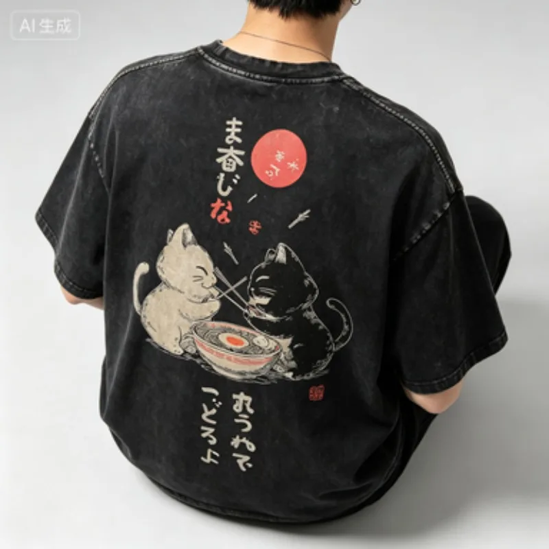 Japanese Ramen Cat T-Shirt Vintage Washed  Tee Cute Cat Eating Noodles Print Casual Streetwear Black White