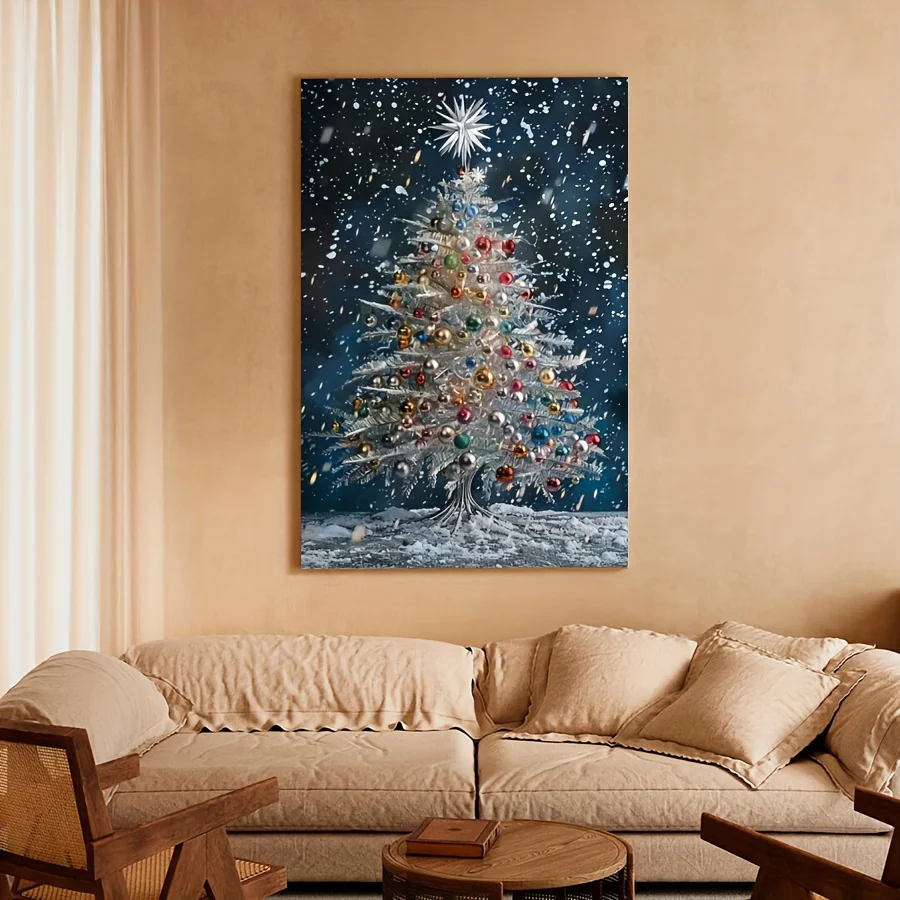 

1шт 2D плоский холст настенное искусство | Праздничная рождественская елка, снежинки и звездное ночное небо | Ручная роспись, яркий праздничный декор