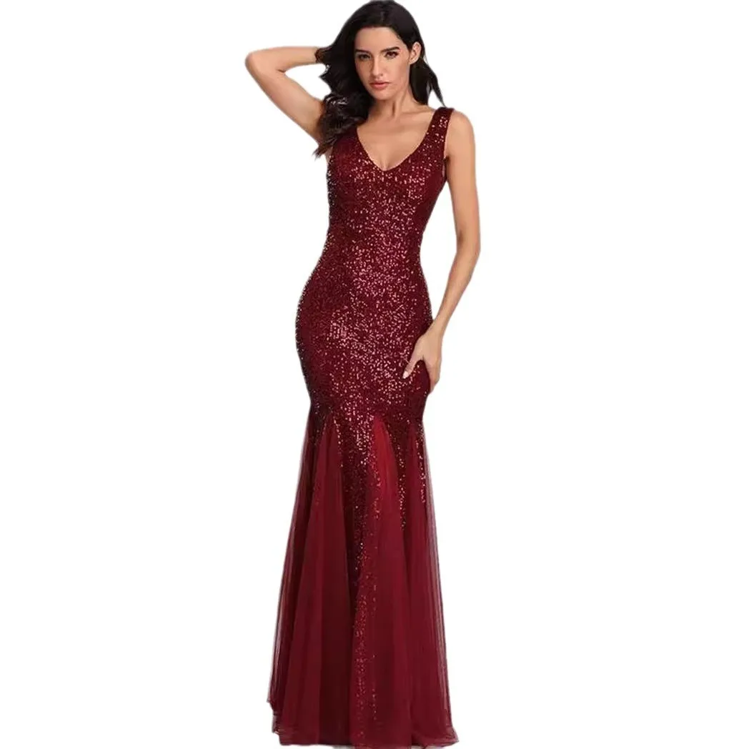 Elegant Prom Dress Wedding Guest Long Satin Sequin Evening Maxi Length Mermaid Formal Floor Length Sparkly Party Dress view 4