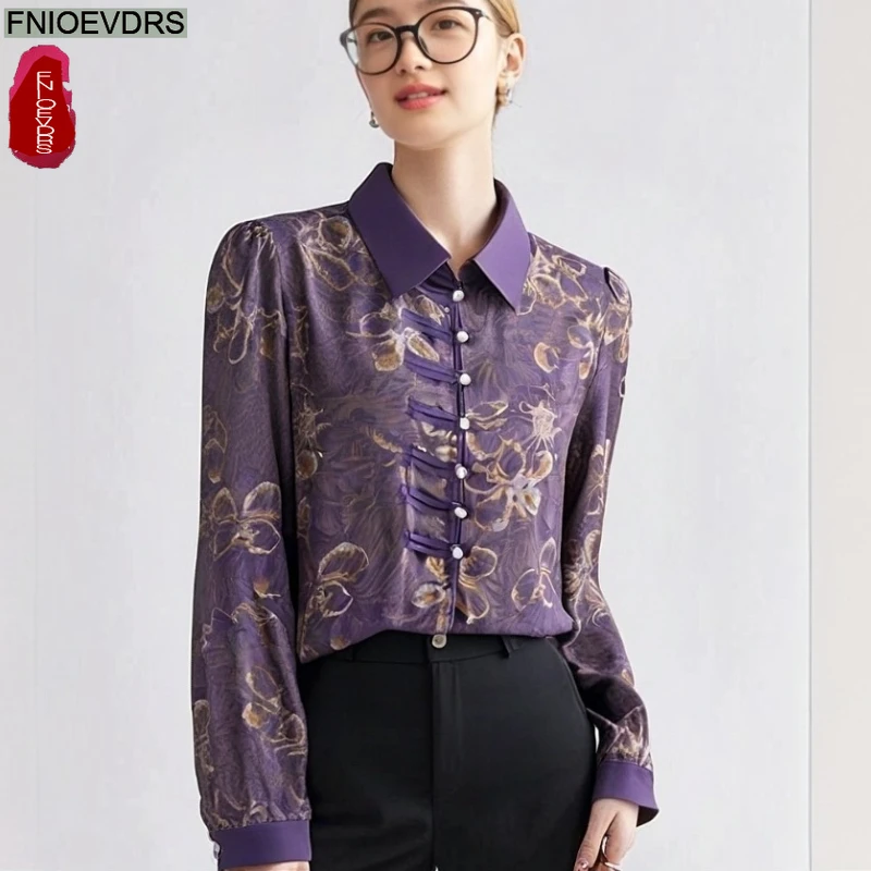 

Свободная одежда Ретро Винтажные топы Блузки Модные женские осенние элегантные офисные женские рубашки с длинным рукавом с цветочным принтом Фиолетовые базовые повседневные рубашки