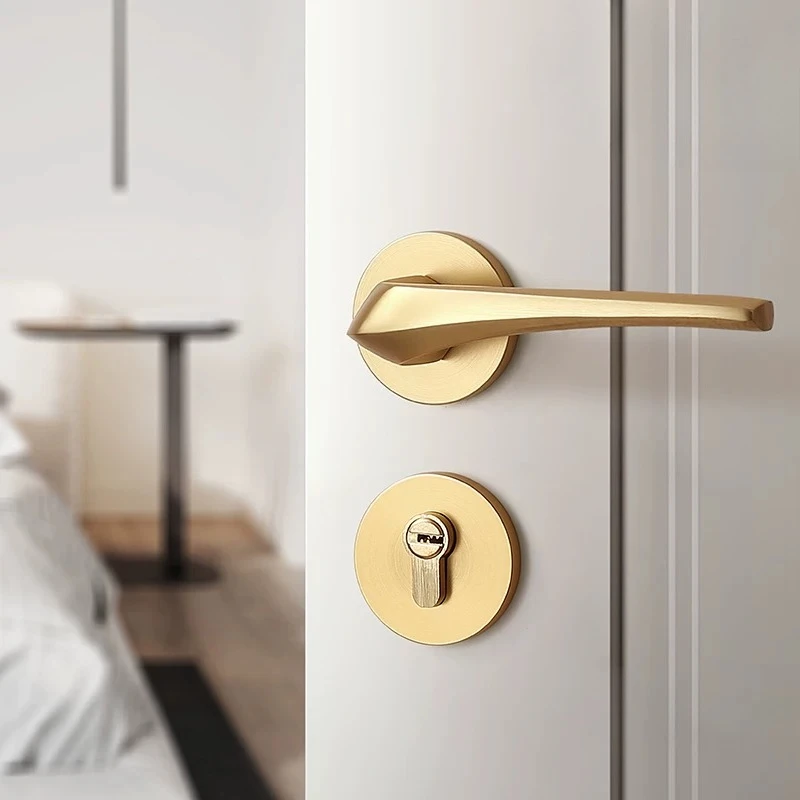 Space Aluminum Brushed Gold Magnetic Silent Door Lock, Split Interior Bedroom Handle, Solid Grip, Thick Panel, Quiet Latch