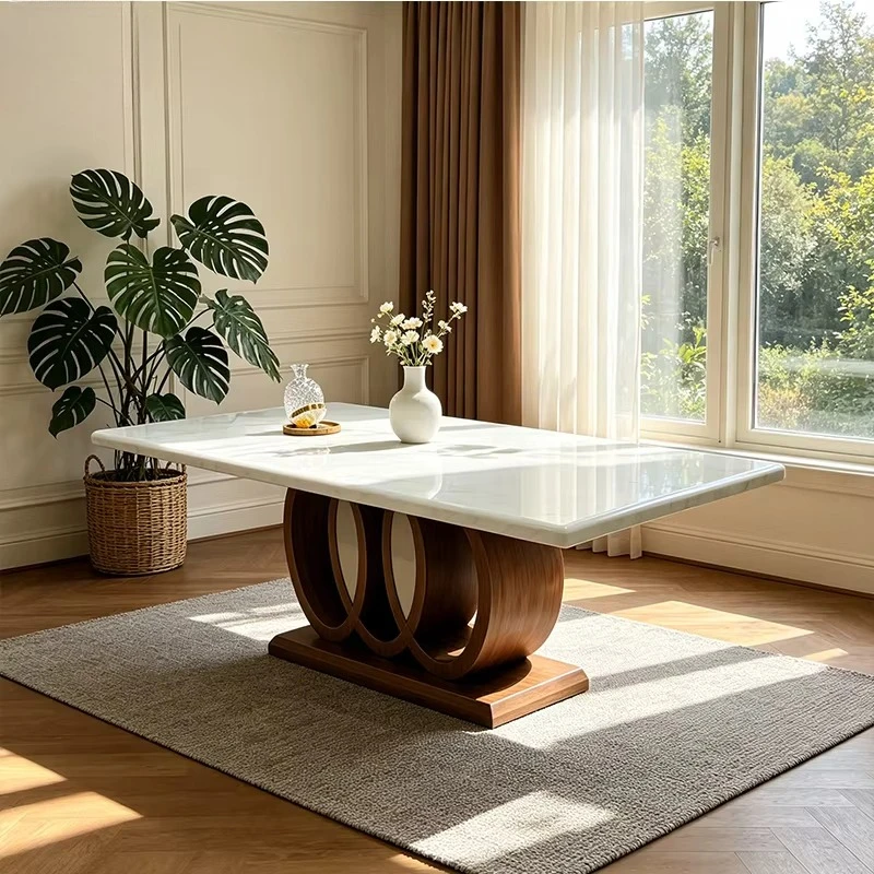 &c Contemporary Nordic Rectangular Dining Table Solid Wood Pedestal Base Luxury Dining Furniture for Modern Interior Space