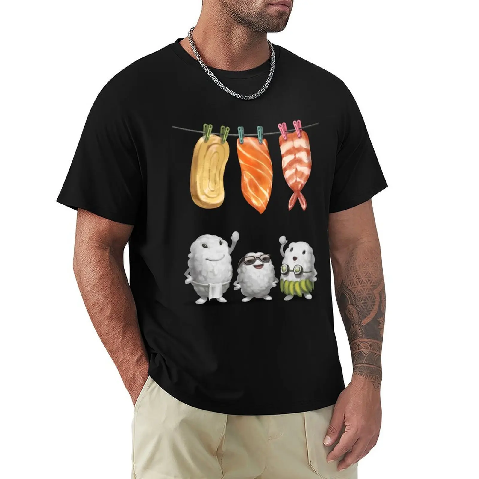 Camiseta con estampado creativo de salmón, Tamago, Ebi Nigiri Sushi Doing Laundry, camiseta con estampado de comida japonesa