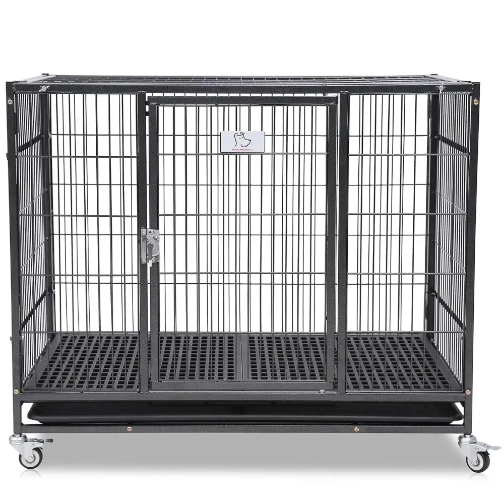 37 inch Stackable Open Top Heavy Duty Dog Crate Cage for Medium Dog with Wheels and Removable Tray