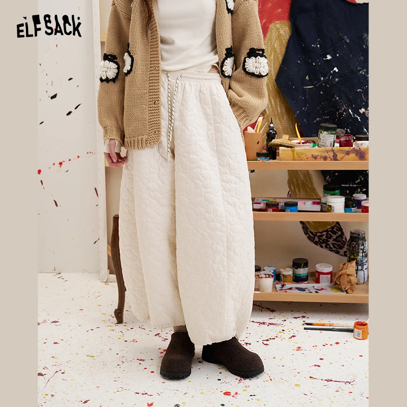 ELFSACK Women's White Quilted Wide Leg Lantern Pants with Adjustable Cuffs, Casual Loose Trousers for Daily Wear