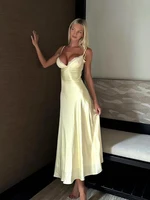 Yellow Satin Lace Dress Women Sexy V-neck Sleeveless High Waist Slim Suspenders Maxi Dresses 2026 Summer Lady Dinner Party Gown - Image 5