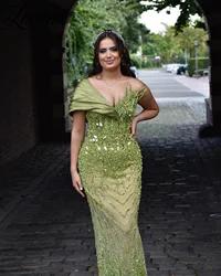 Robes De Soirée Green Evening Dress Elegant Off Shoulder Beaded Crystals Mermaid Prom Dresses Customize With Detachable Train