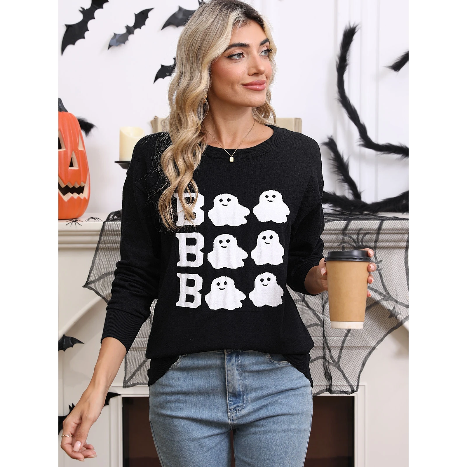 سترة متماسكة مطرزة بموضوع الهالوين سترة كاجوال مستديرة Ne Long Sve سترة نسائية مريحة للترفيه #3