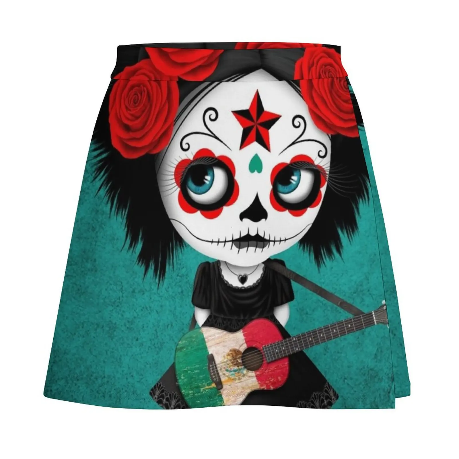 Sugar Skull Girl Playing Mexican Flag Guitar Mini Skirt Women's skirts clothes Mini Skirt