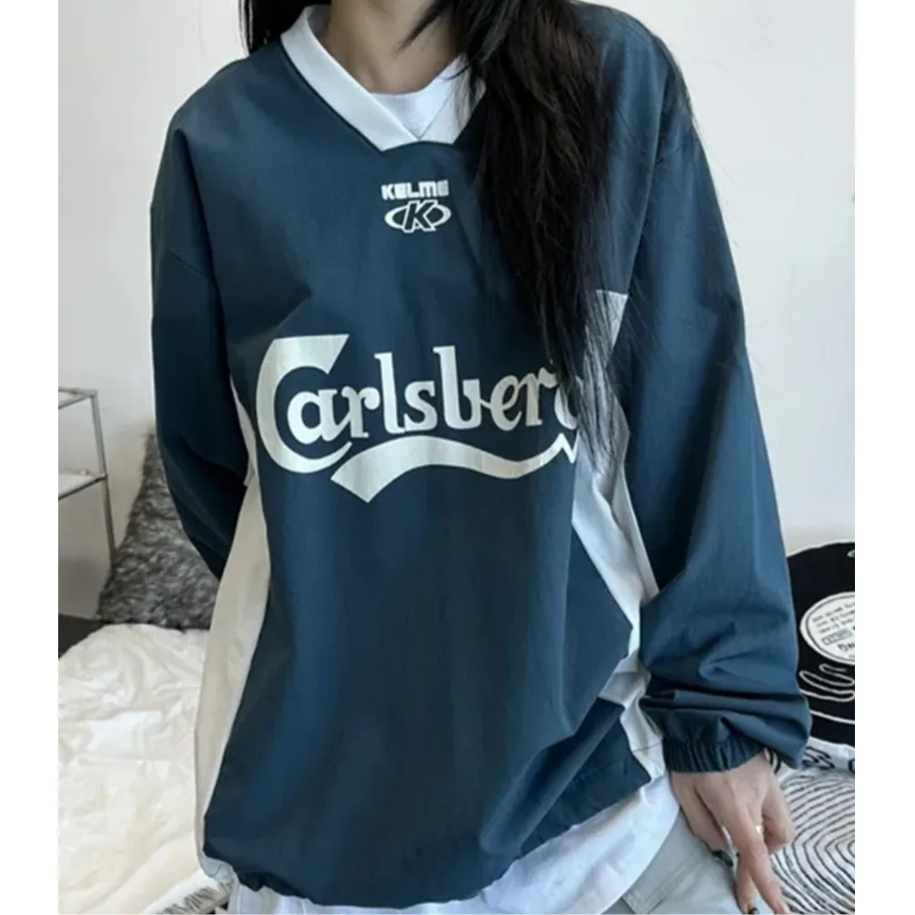 الرجعية الرياضة اللون بلو فضفاض الأمريكية Sle V-Ne البلوز النايلون البلوز ex الخريف الشتاء جديد وصول الشارع Sle