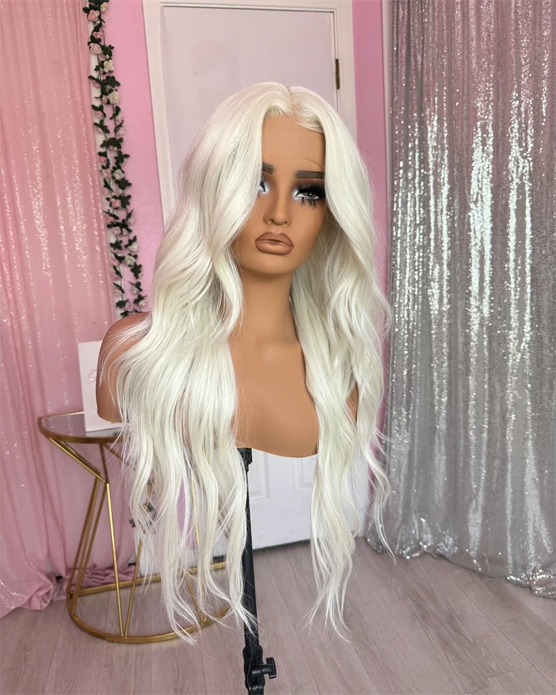 New in Platinum Blonde Wig Sale Natural Wavy Synthetic Hair Lace Front Wig Long Curly White Blonde Lace Frontal Wigs for Women