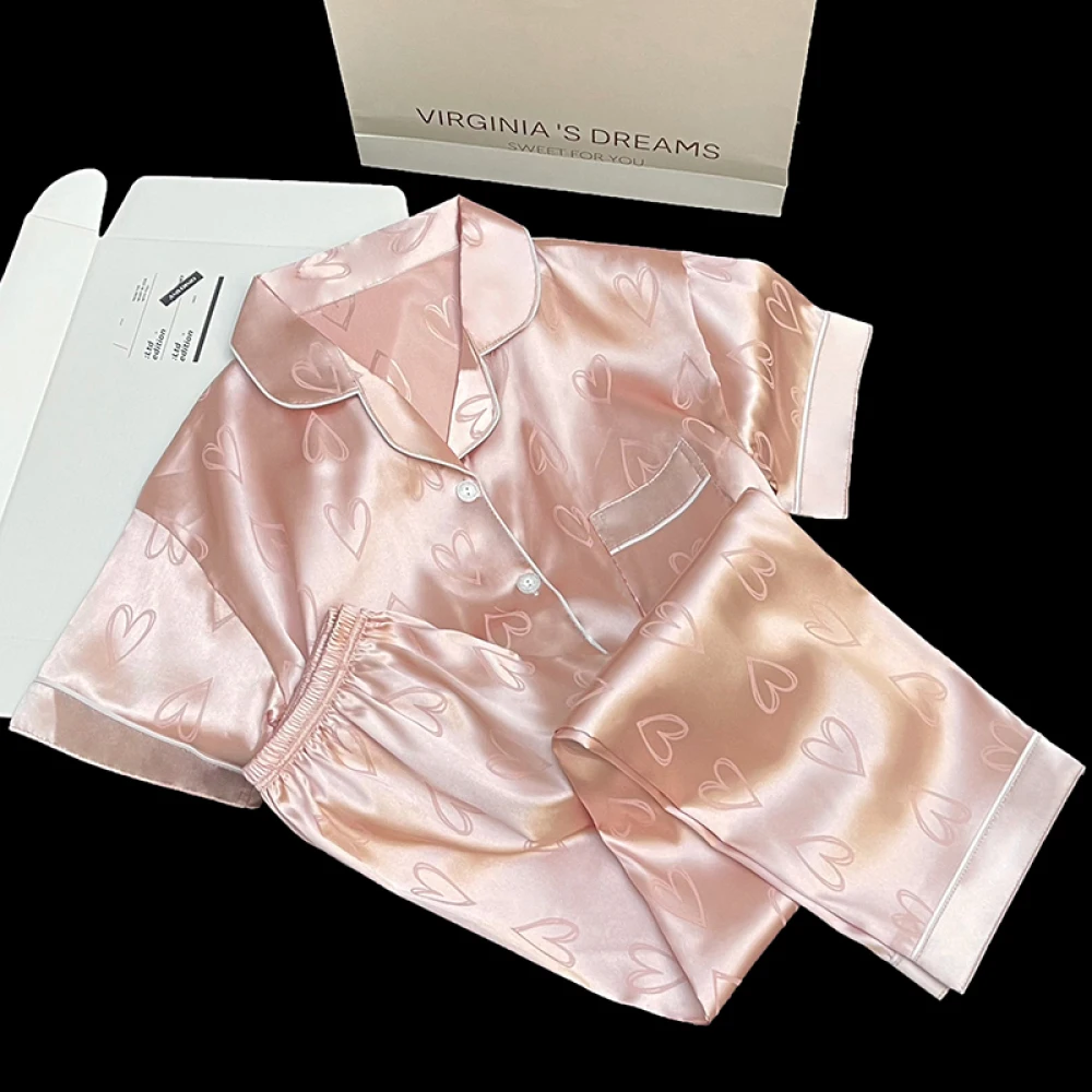 

Classic Heart Jacquard Women's House Pajama Sets Short Sleeve Long Pant Simulated Silk Homewear 2024 New Spring/summer Sleepwear