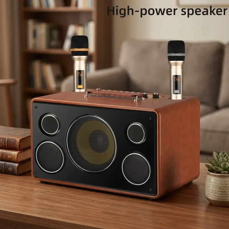 Vintage Wood Bluetooth Speaker with 3 Way Crossover USB Wireless Mic AUX Guitar Input for Karaoke Party Home Audio System