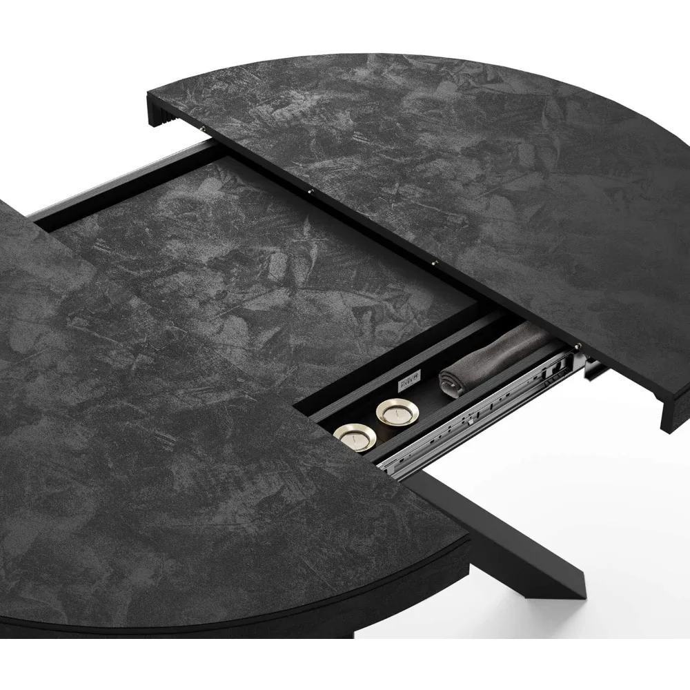 طاولة طعام مستديرة قابلة للتمديد من إيما، 47.2-63 بوصة، مظهر خرساني، أسود مع أرجل متقاطعة سوداء، مقاعد 4-6