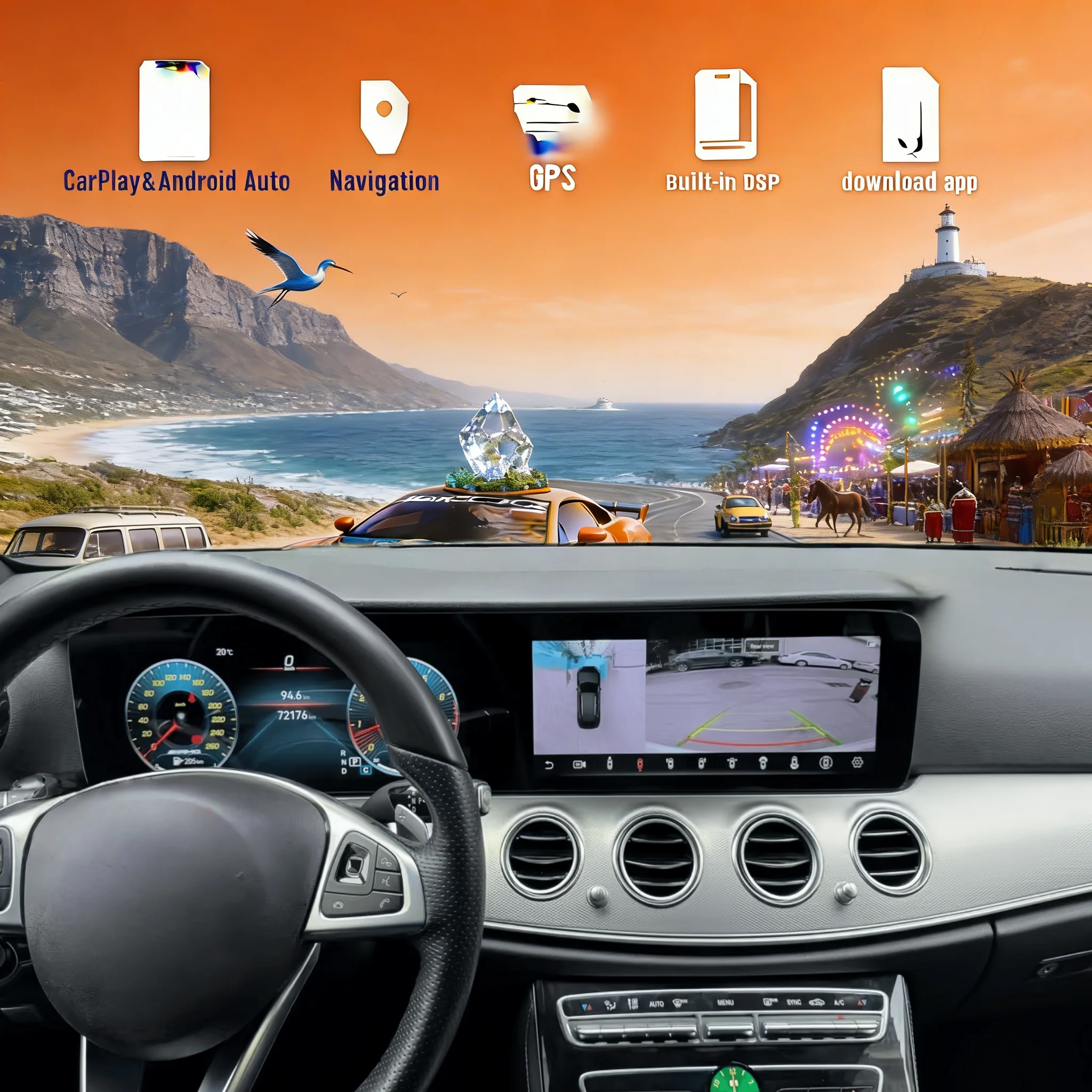 

24.6" L RHD Android 14 CarPlay Auto For Benz E class W213 2016 2017-2023 Car Radio Dual Screen Multimedia Stereo Player GPS Head