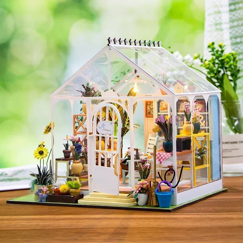 Sunshine Flower Garden Casa Miniature Model Kit Villa Dollhouse DIY Wooden Doll Houses with Furniture Led Light for Friends Gift