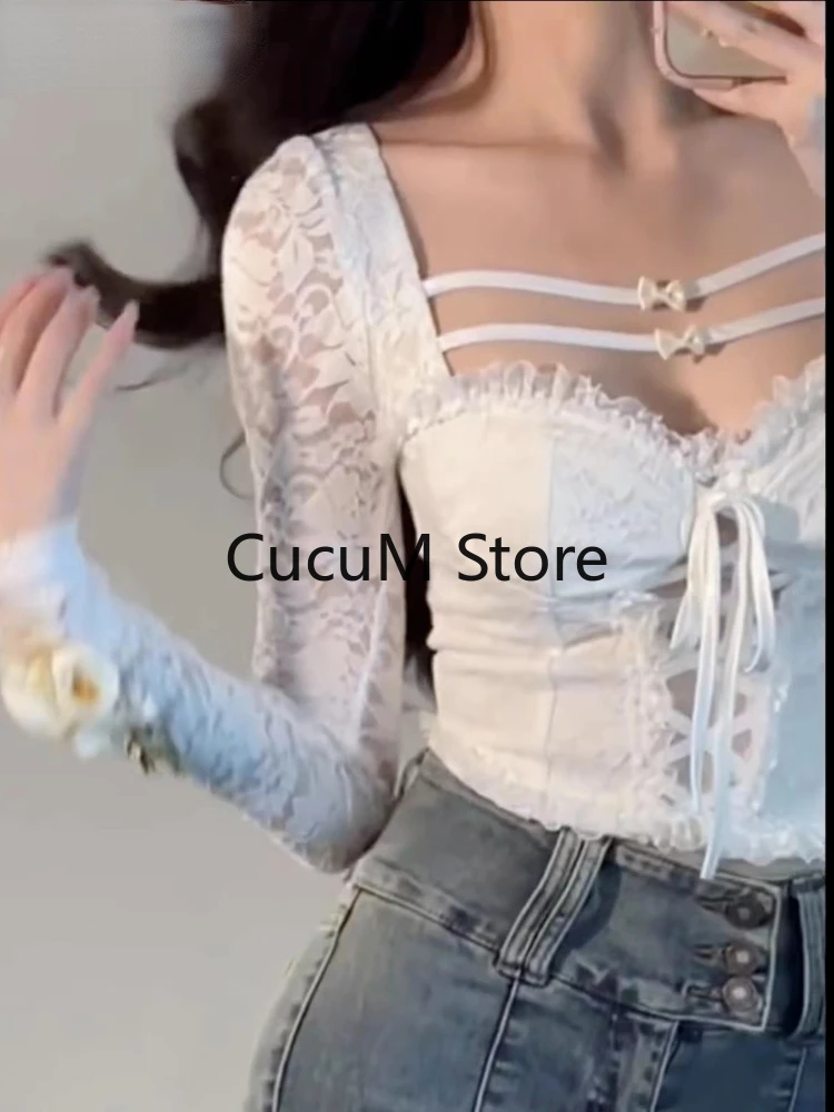 Sexy Crop Tops Slim Fit Lace Blouses for Women Temperament Shirts Bandage Fashion White Y2k Blouse White Cltohing 2023 Summer