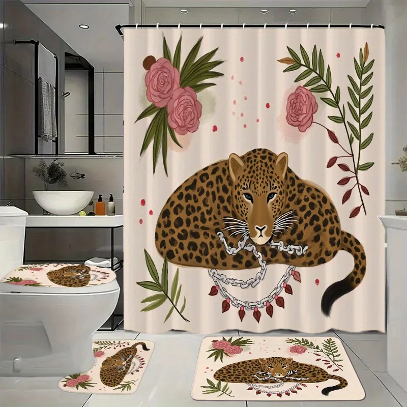 

4pcs Bathroom Set with Shower Curtain, 12 Hooks, Floor Mat, Toilet Lid Cover & Rug – Luxe Leopard Floral Design with Natural Gre