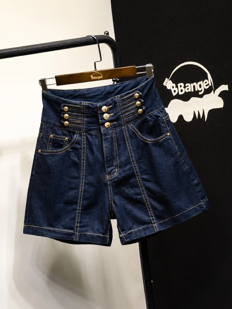 Summer Casual Lady Empire Slim Button Denim Shorts Vintage Women A-line Wide Leg Denim Shorts High Street Shorts