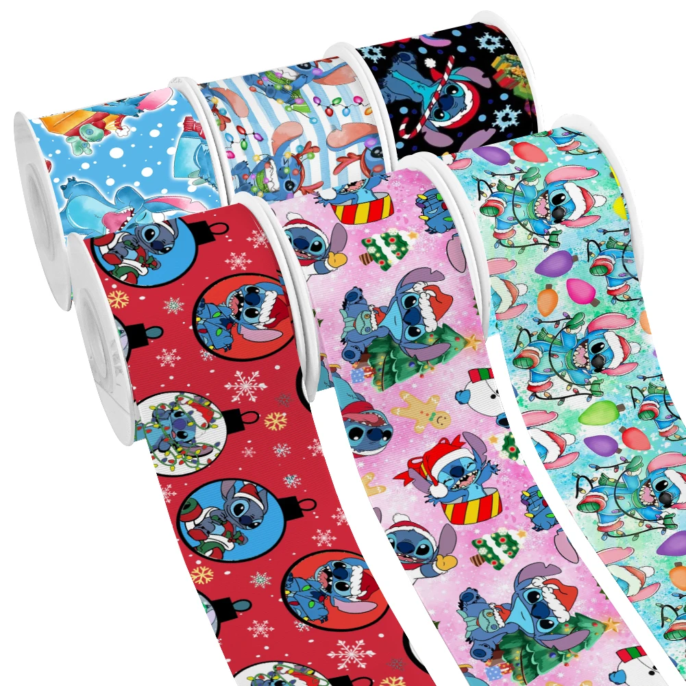 Christmas Theme Disney Design Stitch Mickey Pattern Printed Grosgrain Satin Ribbon for Gift Wrapping Hair Bow Craft 50 Yards