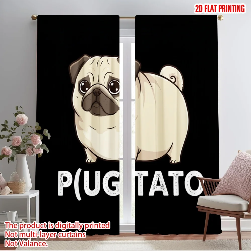 2pcs 2D flat printing Party Window Curtains Cute Pug Potato Funny Polyester Without Electricity Holiday Decorations Use for