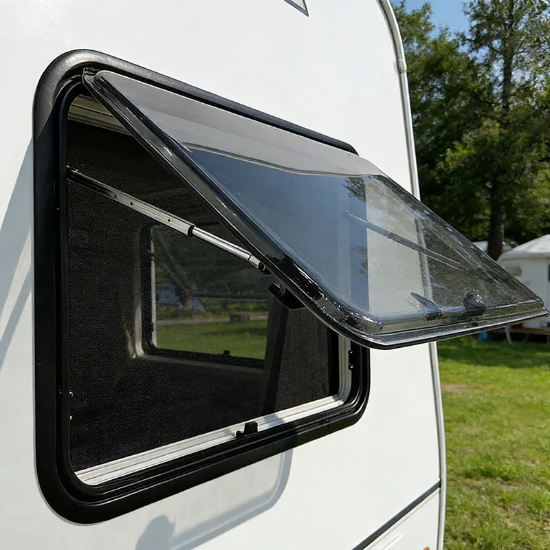 ECE and CE PMMA Glass 1200x800mm Trailer Push-out Window with Aluminum Frame Sun Blind and Mosquito Net For New Design