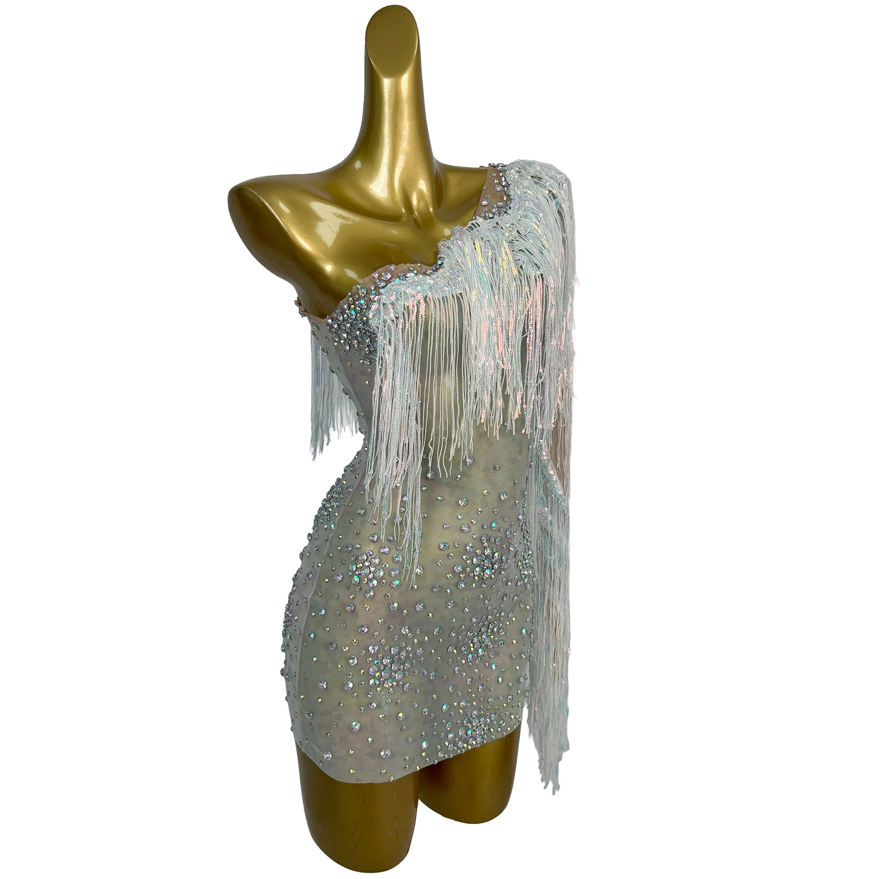 Keshui Womens Iridescent Rhinestone One Shoulder Fringe Sheer Mesh Bodycon Mini Dress Formal Evening Party Stage Outfit