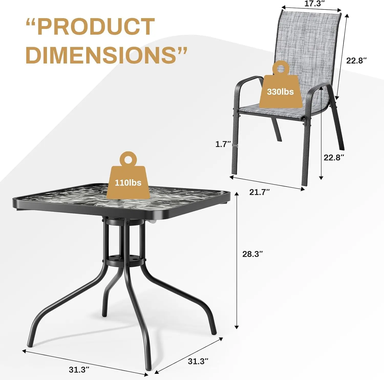 5 Piece Outdoor Patio Dining Set (Umbrella not Included) Porch Furniture with 4 Textline Chairs 1 Square Glass Table for Garden