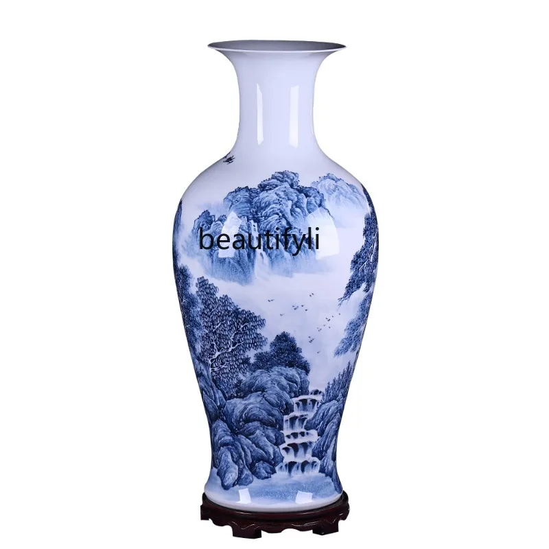 Jingdezhen Ceramic Floor Vase Hand-Painted Large Blue and Whitelandscape Chinese Living Room All-Matching Decoration