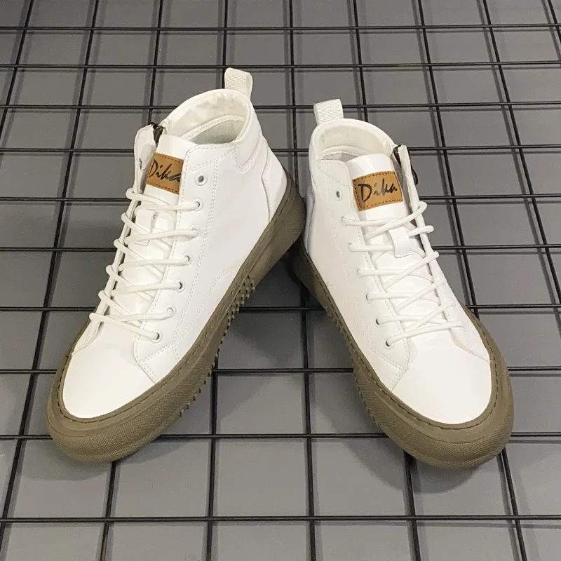 

Pop 2025 New Men's Mid-Style Casual Shoes Fashion Retro British Style Small White Shoes Versatile Side Zipper Lace-Up Board Shoe