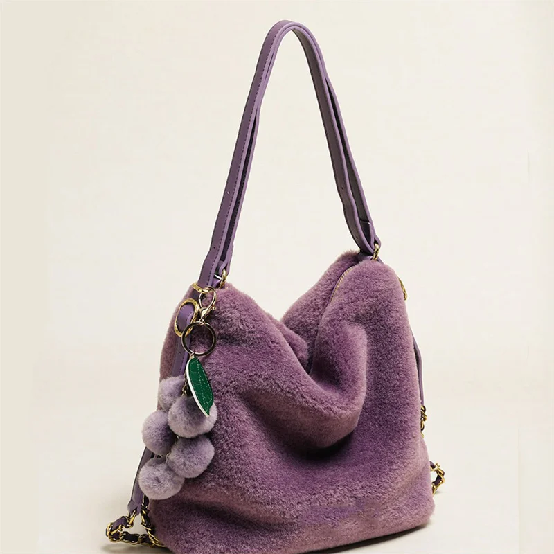 Ladies 2023 Plush Handbag Autumn/Winter Luxury Faux Fur Shoulder Bag Small Fur Ball Decorated Sweet Style Plush Bag