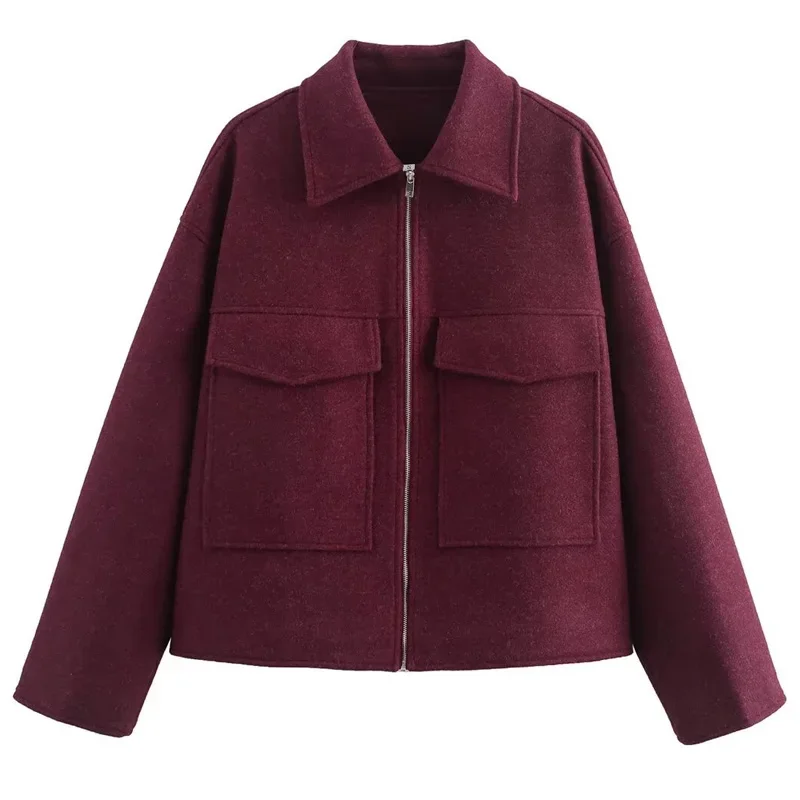 TRAF Crop Burgundy Jacket Woman 2024 Kurtka damska Jesień Zima Długi rękaw Zamek błyskawiczny Duże kieszenie Odzież wierzchnia Eleganckie płaszcze