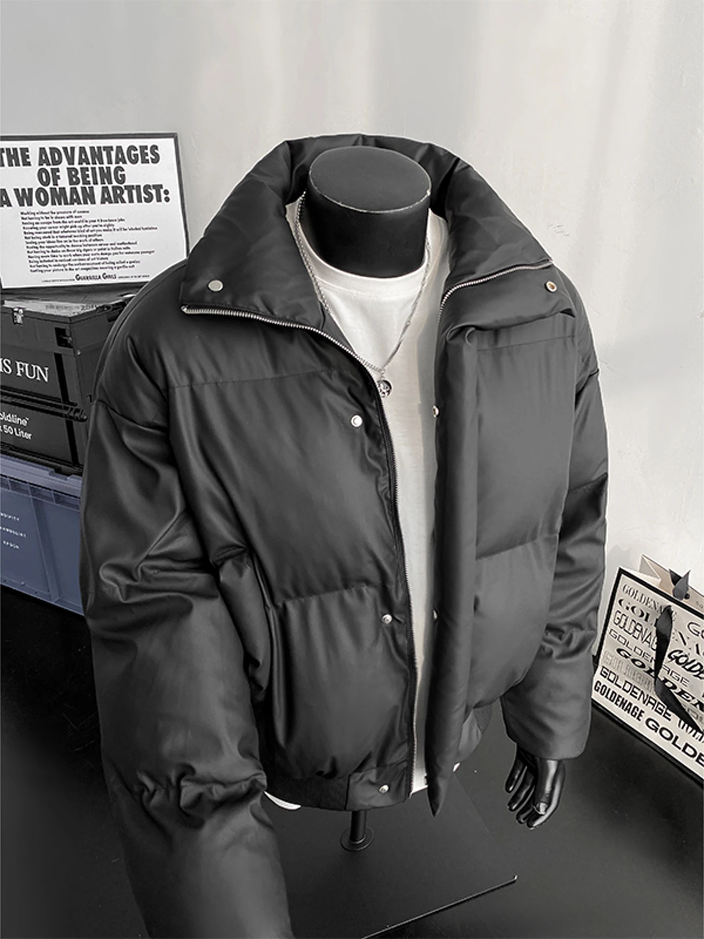 

Thiened PU Leather Stand Collar Bla Cotton Jaet Men's Winter Warmth Cold Proofing Cotton Clothes High-End Bread Sle C...