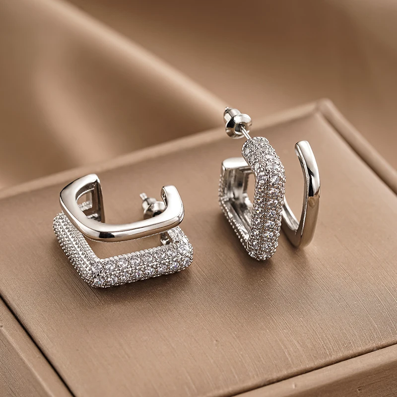 Huitan Square C Hoop Earrings for Women Paved Sparkling CZ Double Layer Geometric Circle Earrings Daily Party Statement Jewelry