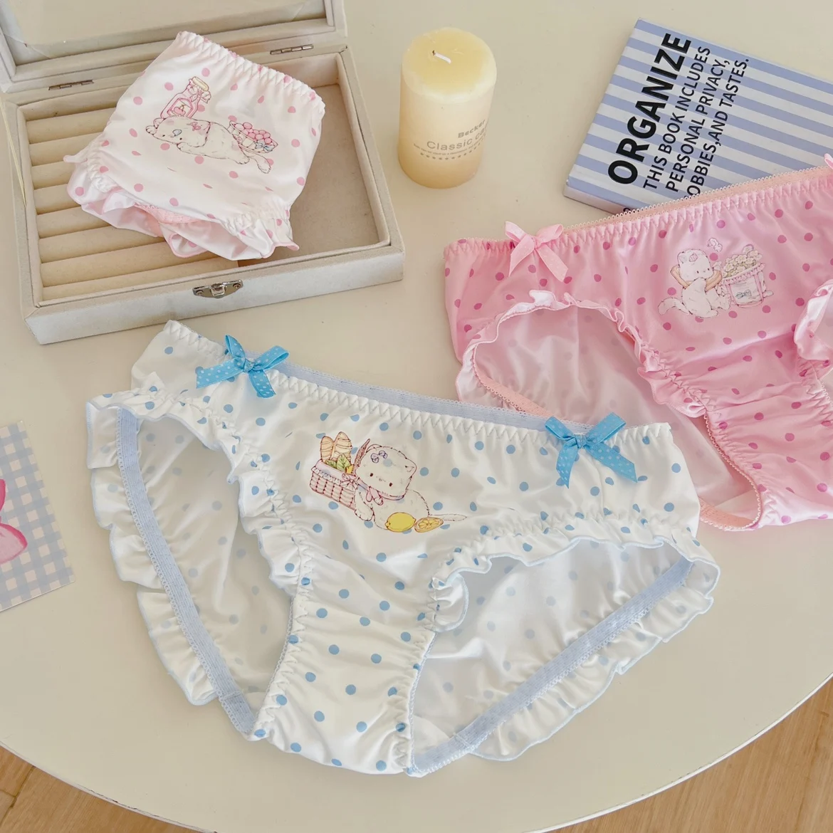 Cute  Knot Milk Silk  Panties Women's Lingerie Floral Trim Polka Dot Pattern Low Waist Cotton Lined Underwear