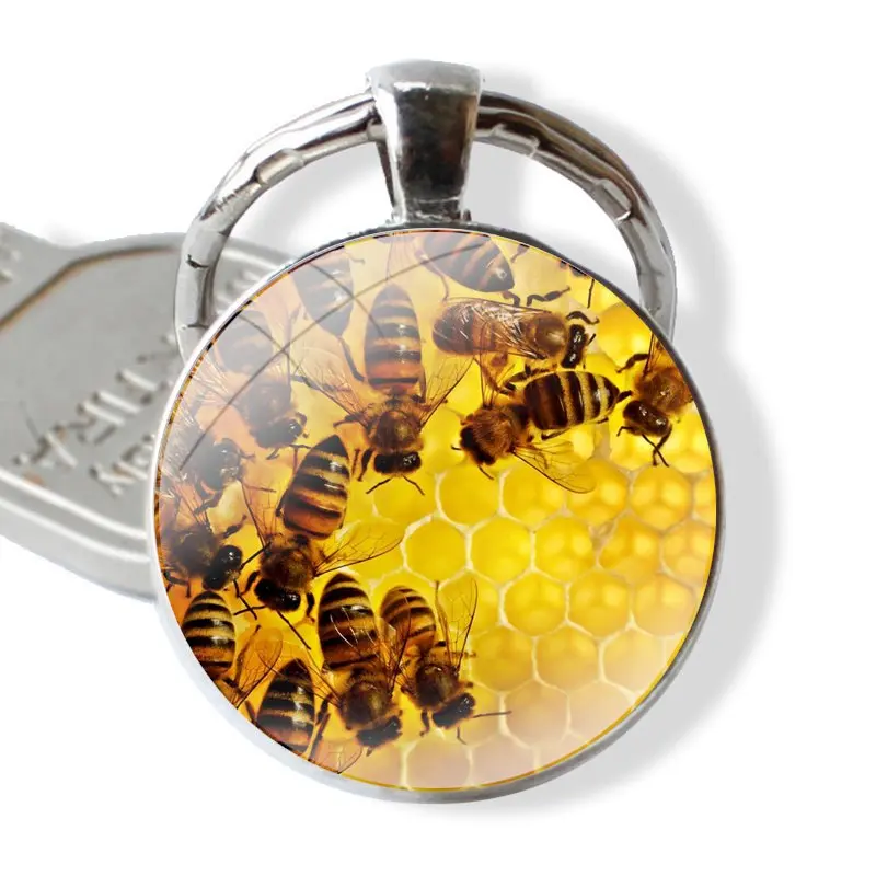 Cartoon Creative Fashion Design Keychain Handmade Glass Cabochon Key Ring Holder Pendant Key Chains Golden Honeycomb Honey Bee