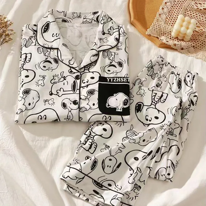 Snoopy Cartoon Spring Autumn Pajamas Long Sleeve Pants Summer Milk Silk Warm Home Clothes sleepwear Men's Women's Nightgown Gift