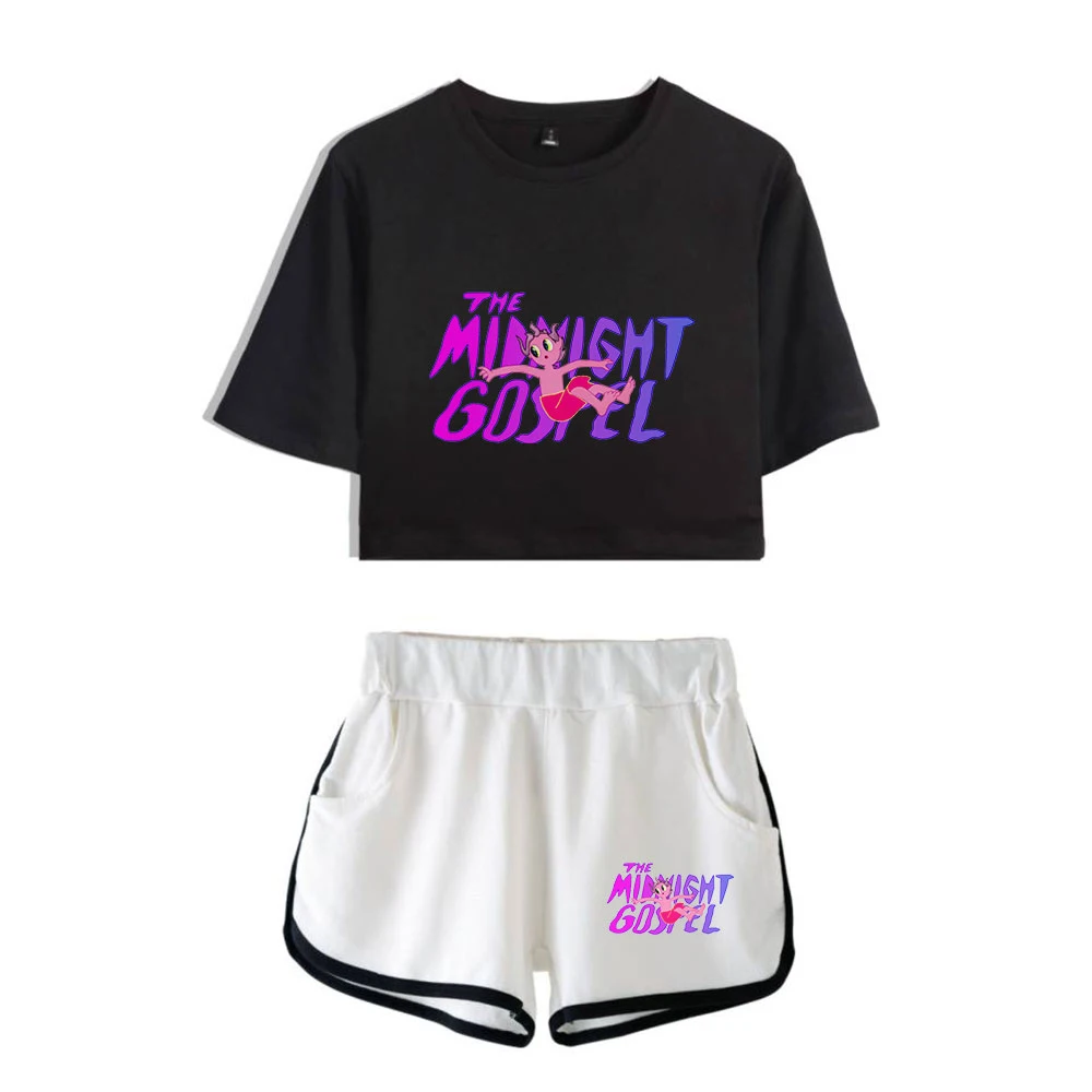 Cartoon Cute The Midnight Gospel Print Short Sleeve Cool Sexy Shorts+lovely T-shirts Dew navel Pretty Girl suits Two Piece Set