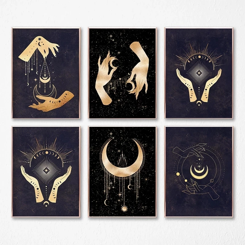 Retro Abstract Printmaking Witches Fantasy Sun Moon Art Canvas Posters and Printed Pictures for Living Room Bedroom Home Decor