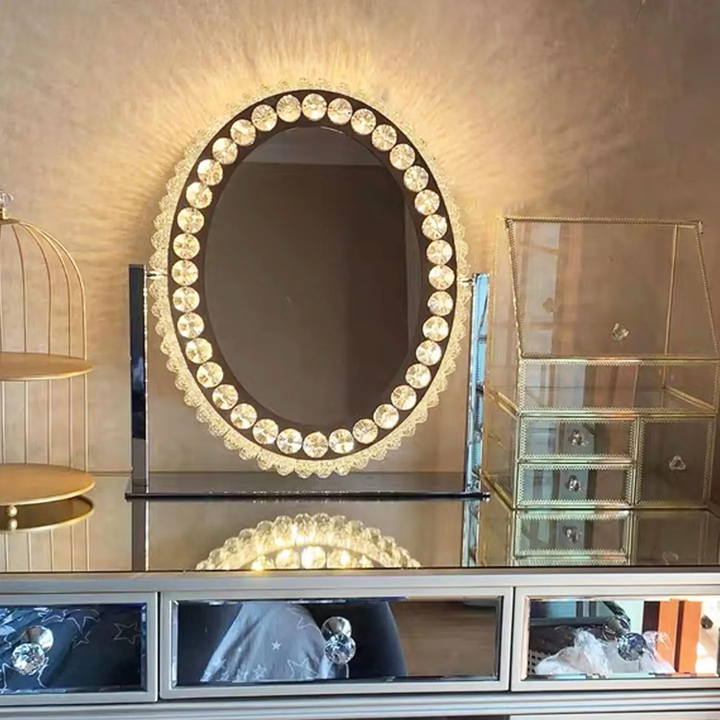 

Large crystal led makeup mirror with lamp High-end dressing mirror desktop girl light luxury smart net red mirror light