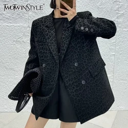 TWOTWINSTYLE Leopard Spliced Button Blazers For Women Notched Collar Long Sleeve Temperament Chic Coat Female Fashion Clothing