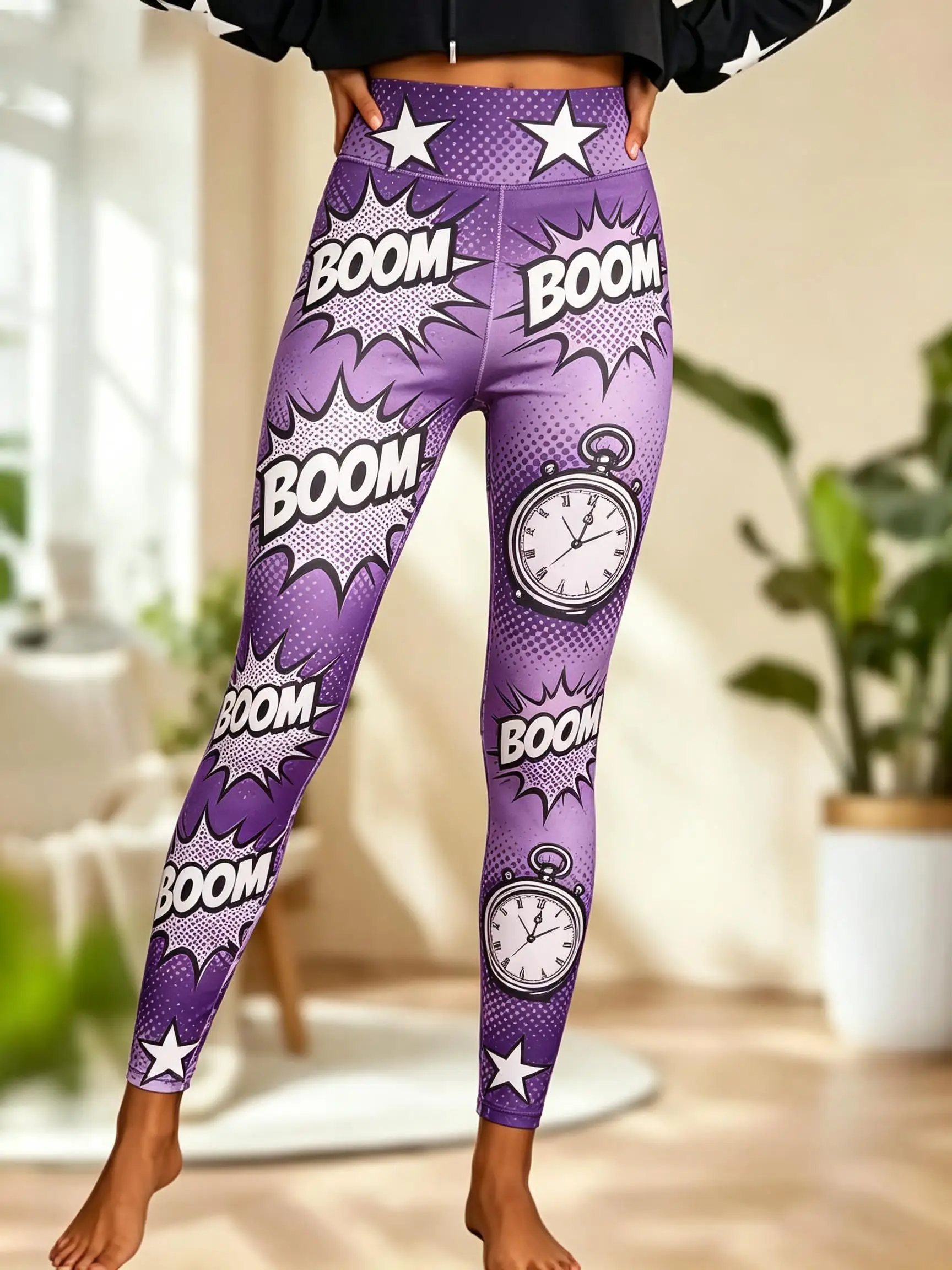 Women Halloween Fleece Mid‑Rise Leggings Retro Comic Pocket Watch Speech Bubble Full Print Stretch Slim Pants