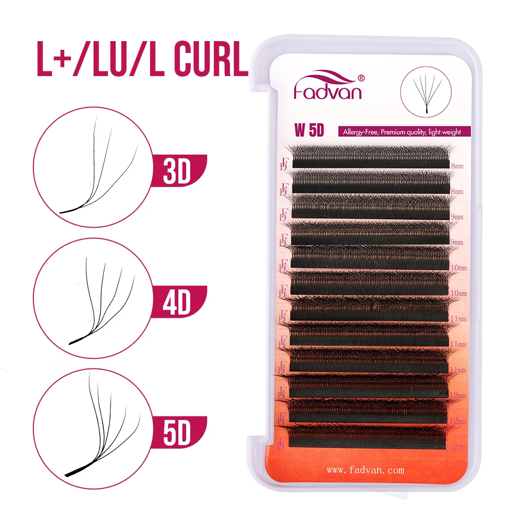 FADVAN LU/L+/L Curl 3D/4D/5D W Lashes Fox Eyes 0.07 W Shape Eyelash Extensions 8-15mm Natural Soft Professional Lash 12 Rows