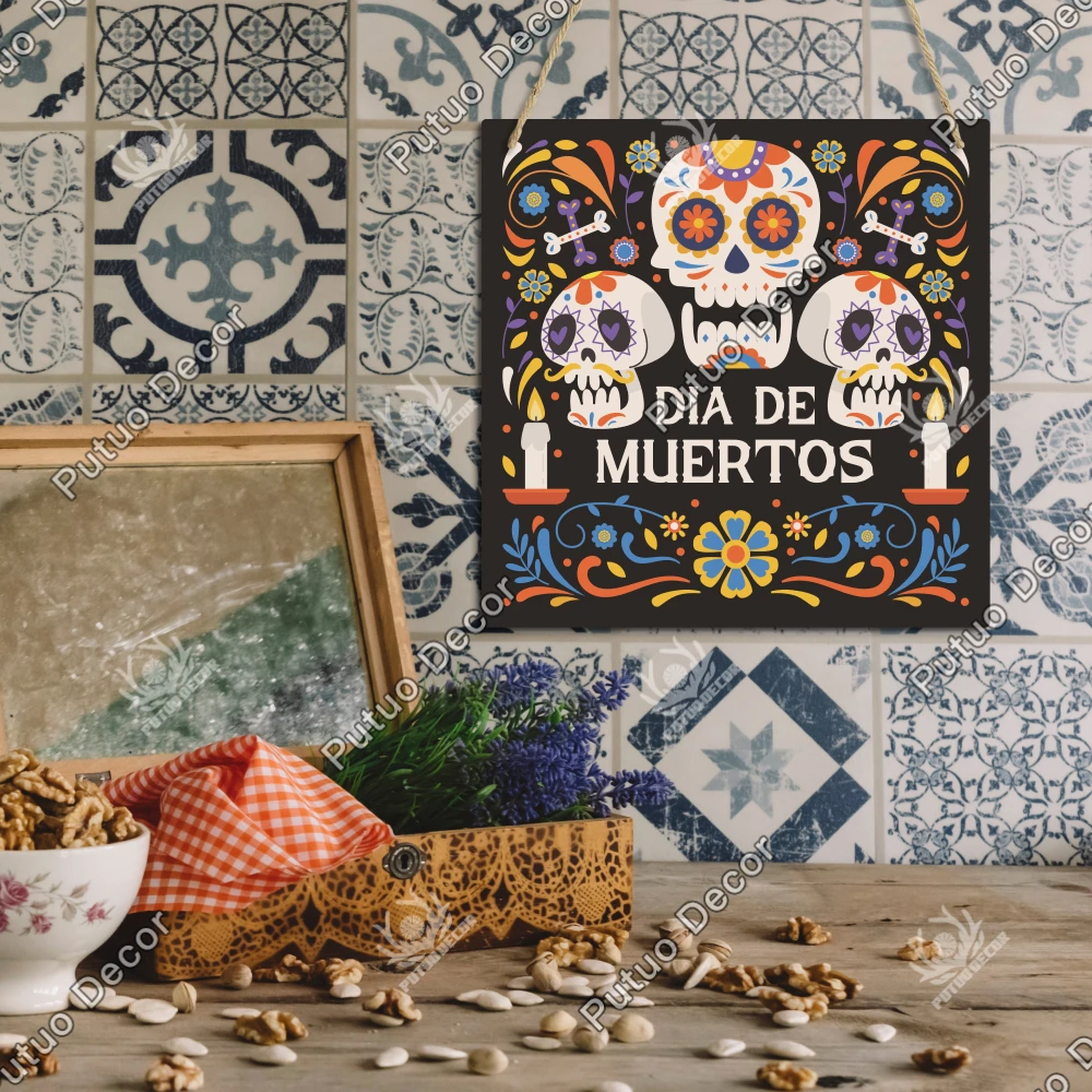 Putuo Decor  Mexican Style Flower Headband Skull Wooden Hanging Sign, Wall Decoration for Home, 7.8x 7.8 Inches Day of the Dead