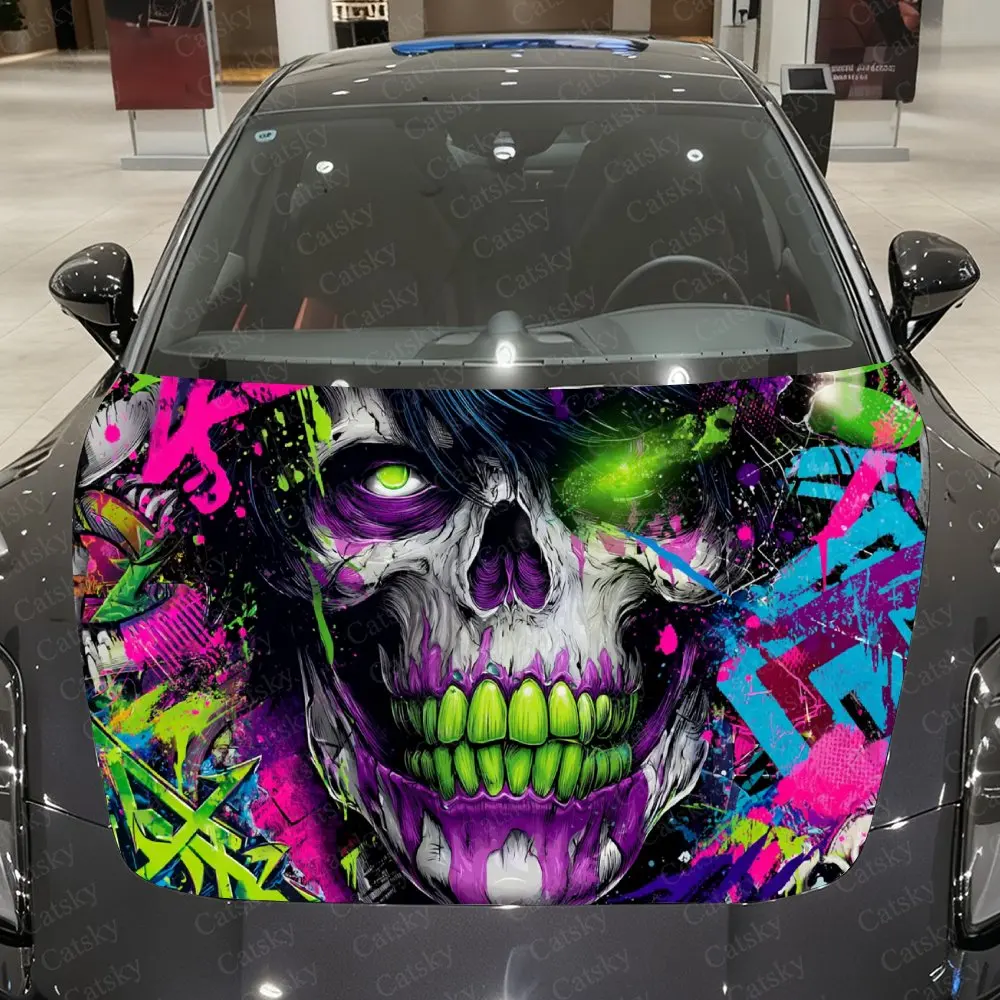 Neon Punk Skull Graffiti Auto Vinyl Wrap, wasserdichter Autohaubenaufkleber aus PVC-Material, selbstklebende, kratzfeste Aufkleber für