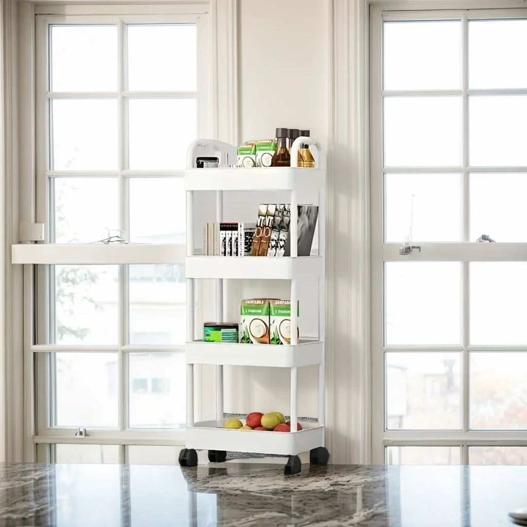 1pc 3/4-Tier Rolling Storage Cart, Plastic Multi-Functional Organizer Trolley, Slim, Space-Saving, Adjustable Shelves, with Easy